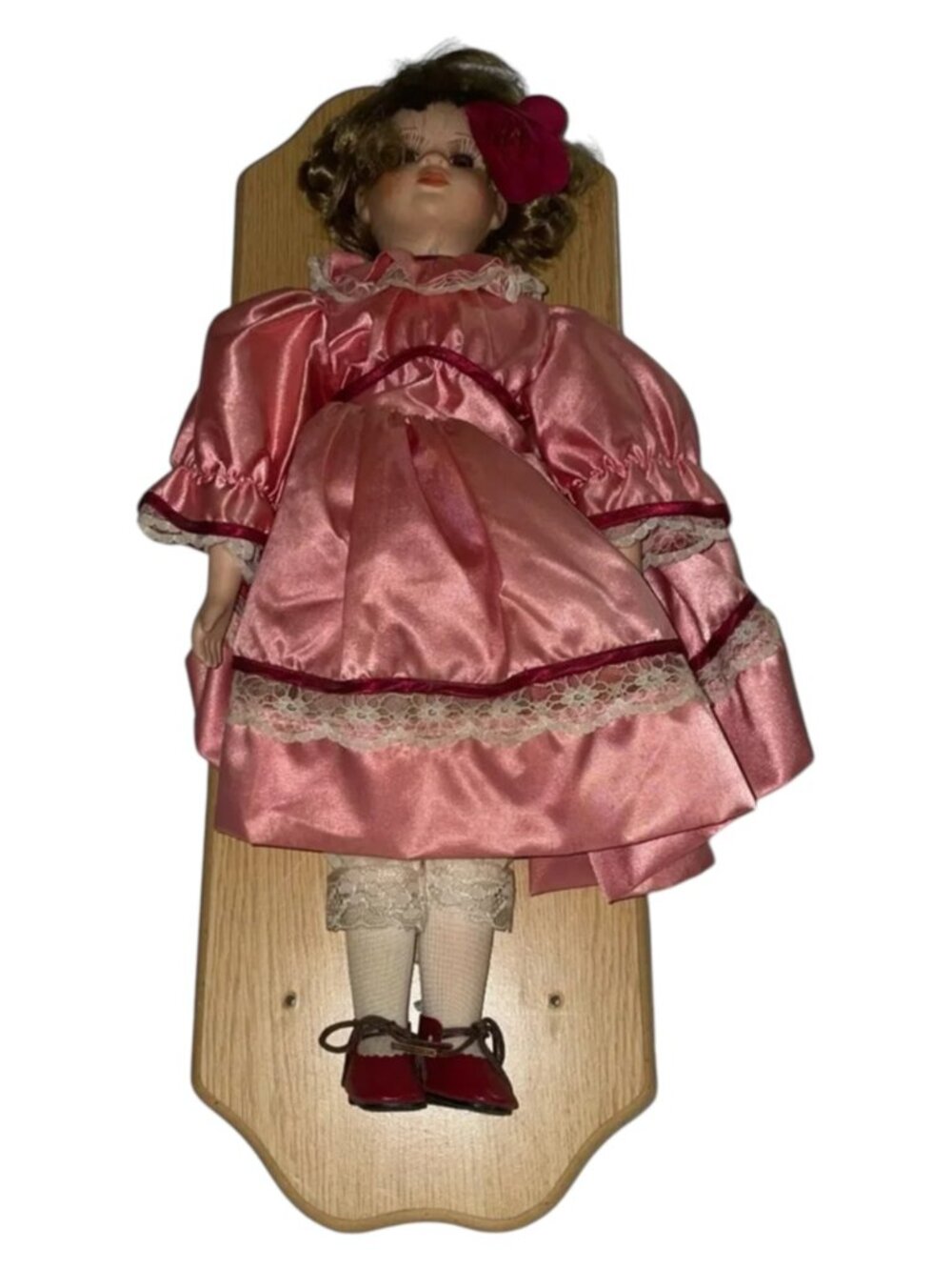 Vintage Porcelain Girl in Pink Dress Doll on Wooden Plaque Wall Decor